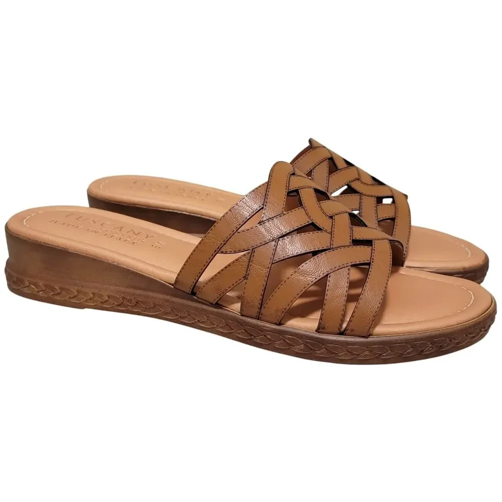 Easy Street Tuscany Women Edda Wedge Heel Slide Sandals Size US 8M Cognac Brown